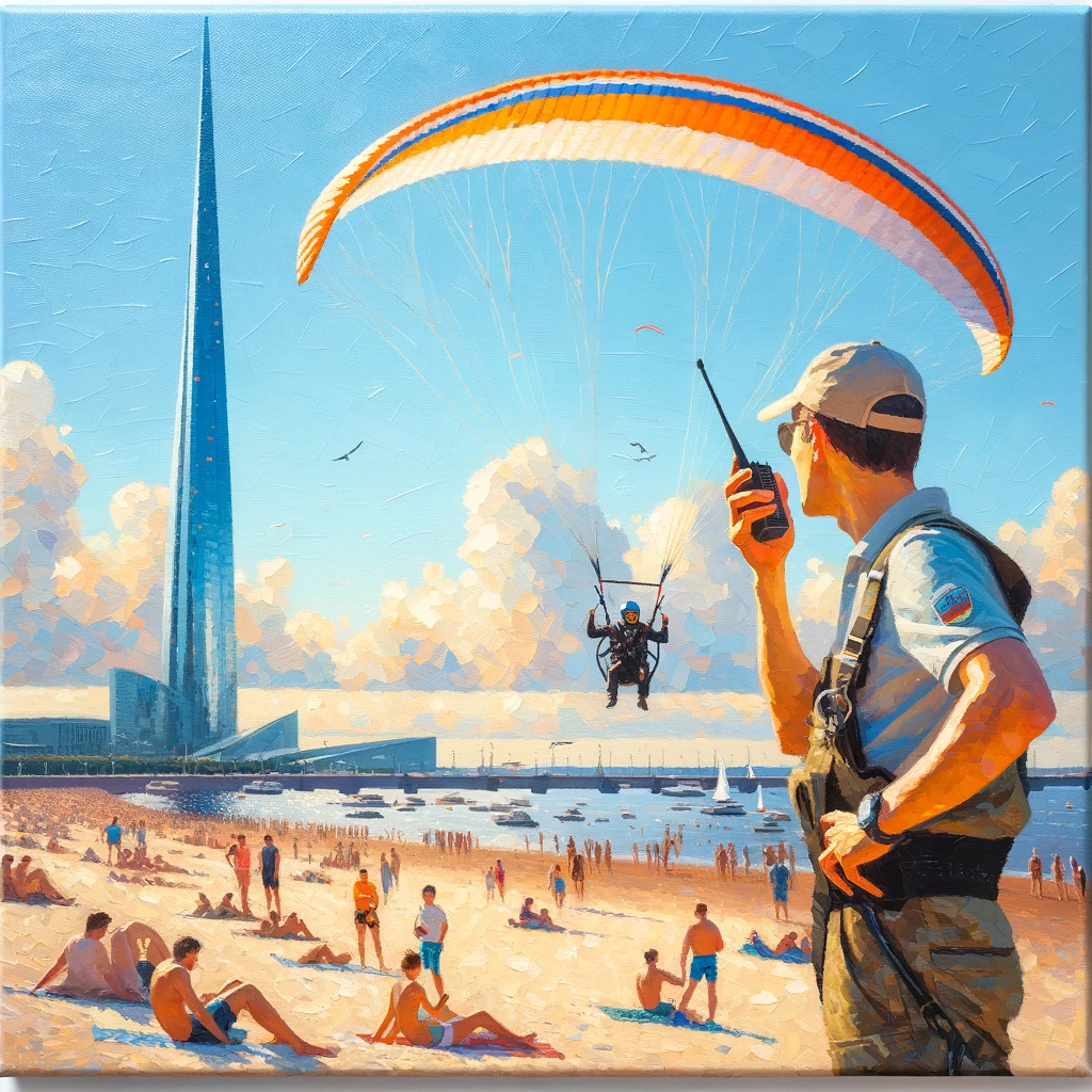 Импрессионистская картина, изображающая инструктора с рацией и парапланериста на фоне пляжа и Лахта Центра в Санкт-Петербурге